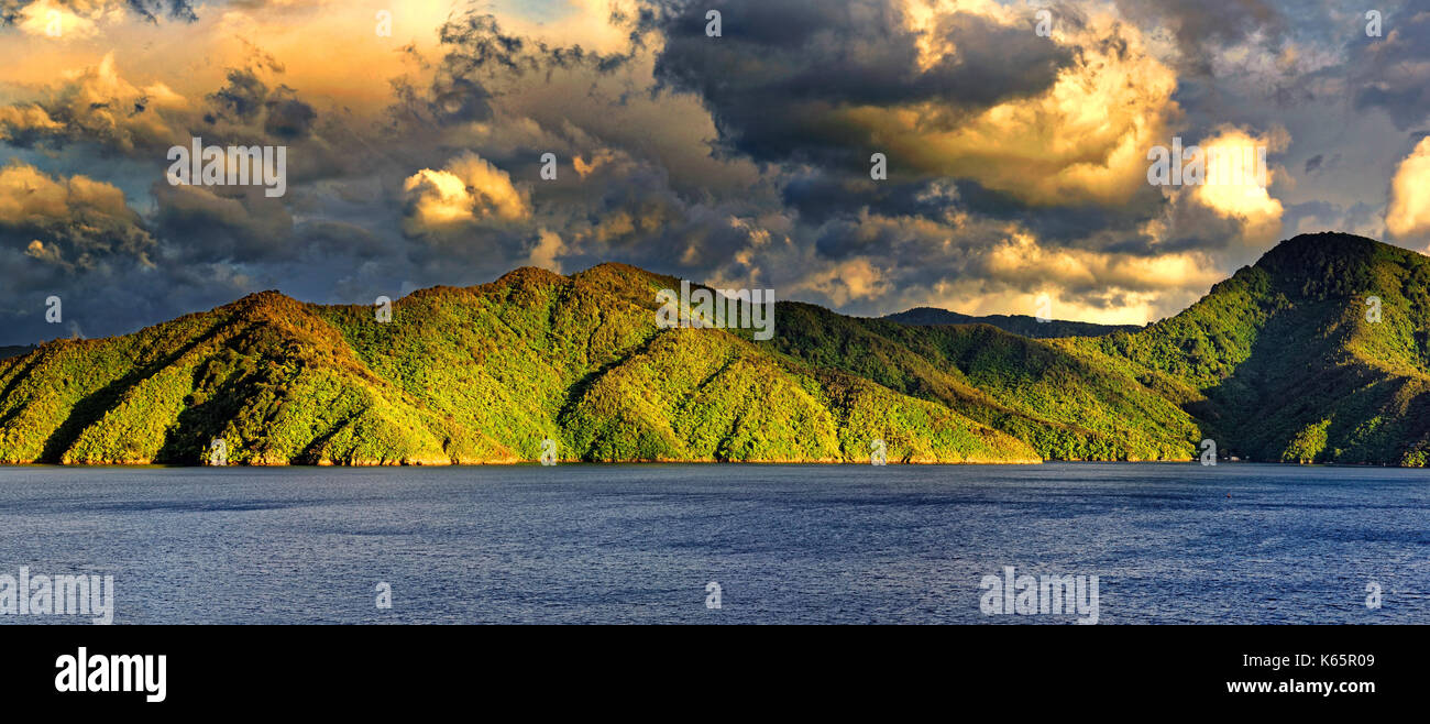 Grün bewachsene Küstenberge beleuchtet im Morgenlicht, Queen Charlotte Sound, Marlborough Sounds, Picton Stockfoto