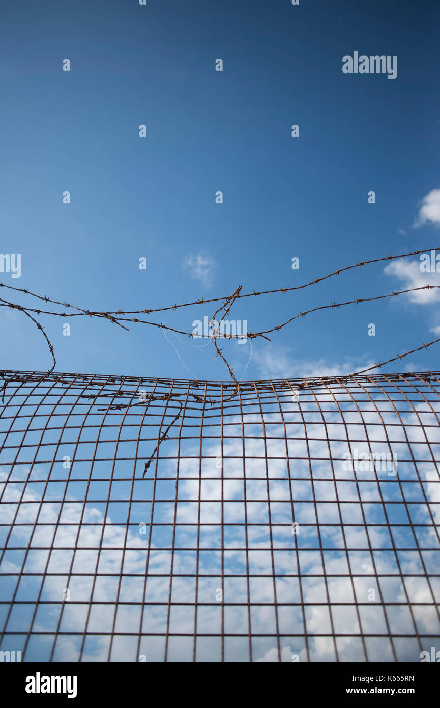 Stacheldraht zaun mit blauer Himmel Stockfoto