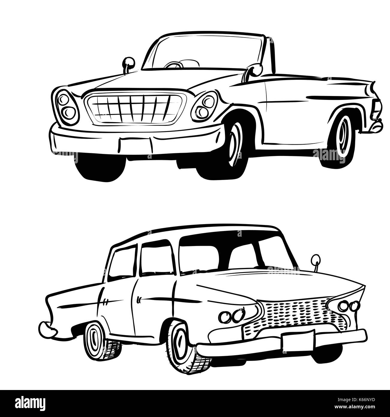 Hand gezeichnete Skizze von Classic Car, Oldtimer, Verkehr oder Fahrzeug Design. Vector Illustration Stock Vektor