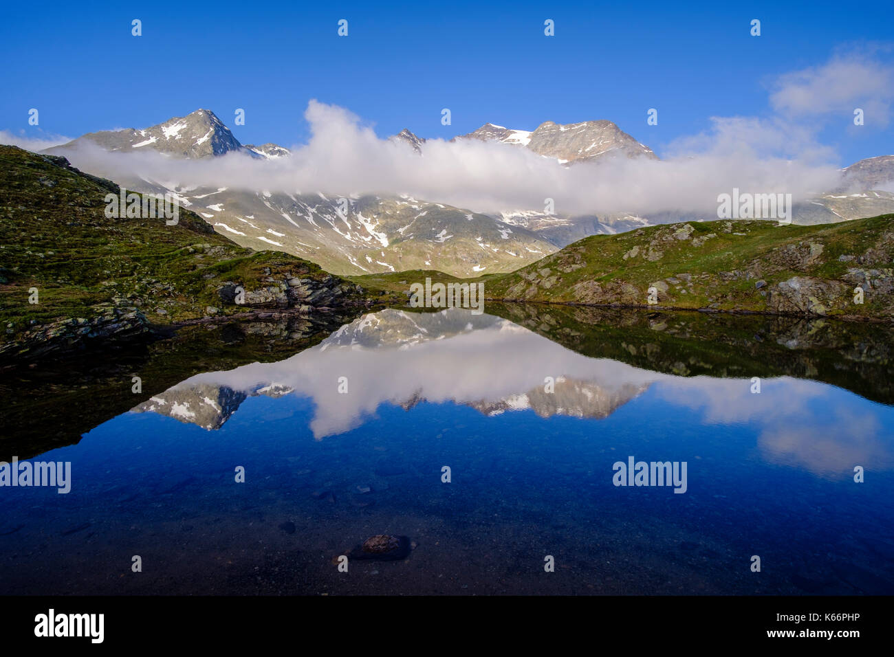 Piz Cambrena und Piz Bernina spiegeln sich in einem See am Bernina Pass Stockfoto