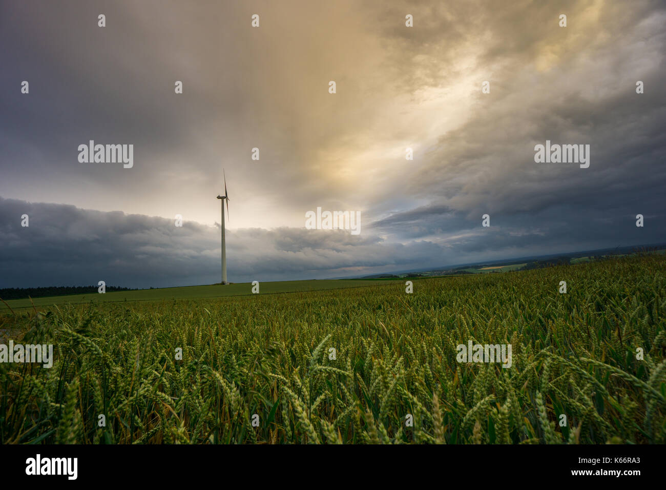 Deutschland - Single Wind Generator auf endlos weite grüne Felder von Korn in der Dämmerung mit dramatischen Himmel Stockfoto