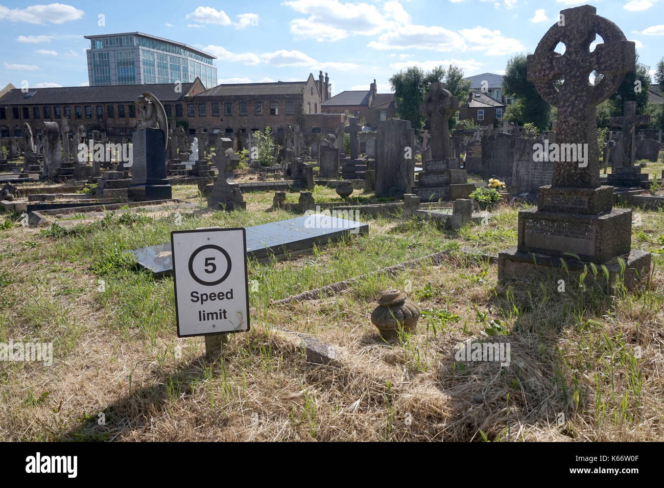 Ein Tempolimit Zeichen in Saint Mary's katholische Friedhof von Kensal Green, Harrow Road, London, Vereinigtes Königreich Stockfoto