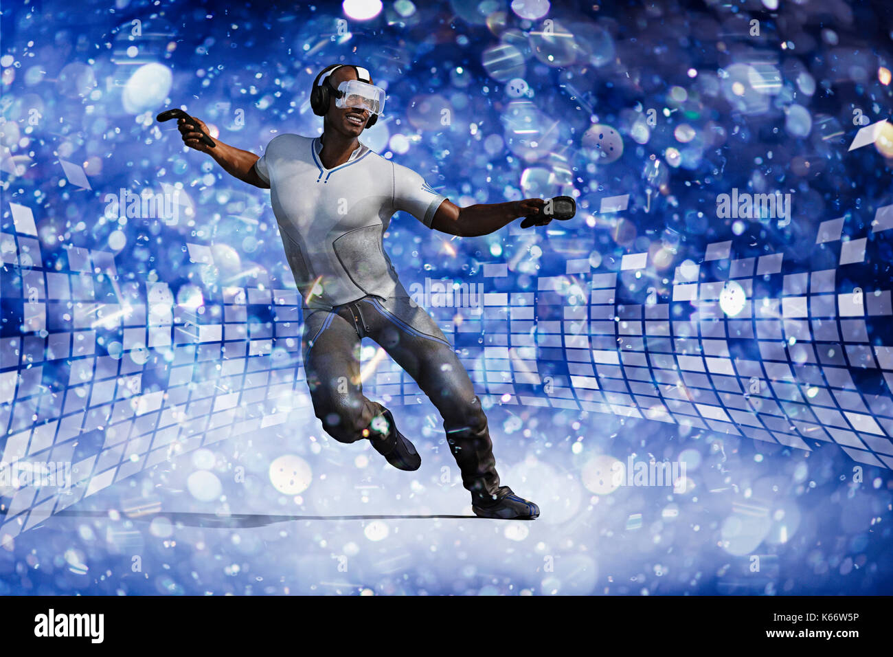 Mann mit Virtual reality Brillen tanzen zu Musik Stockfoto