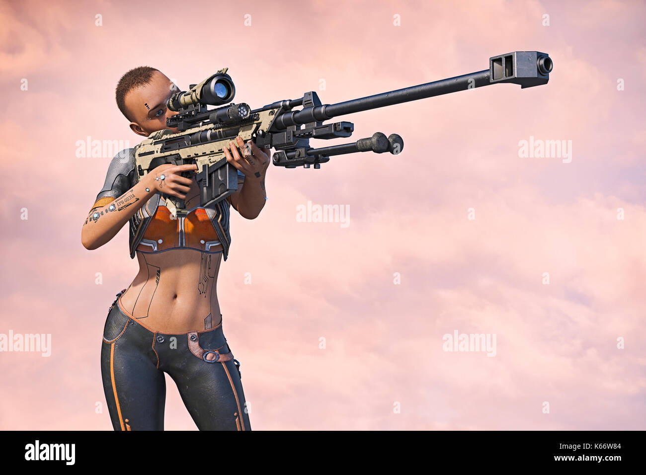 Cyborg Frau Ziel, futuristischen Gewehr Stockfoto