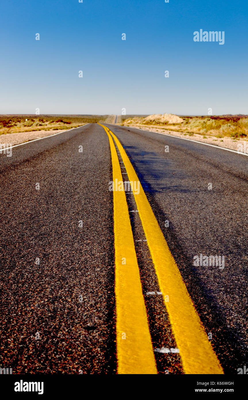 Asphalt mit gelben Linien in La Pampa Dessert in Patagonien, Argentinien Stockfoto