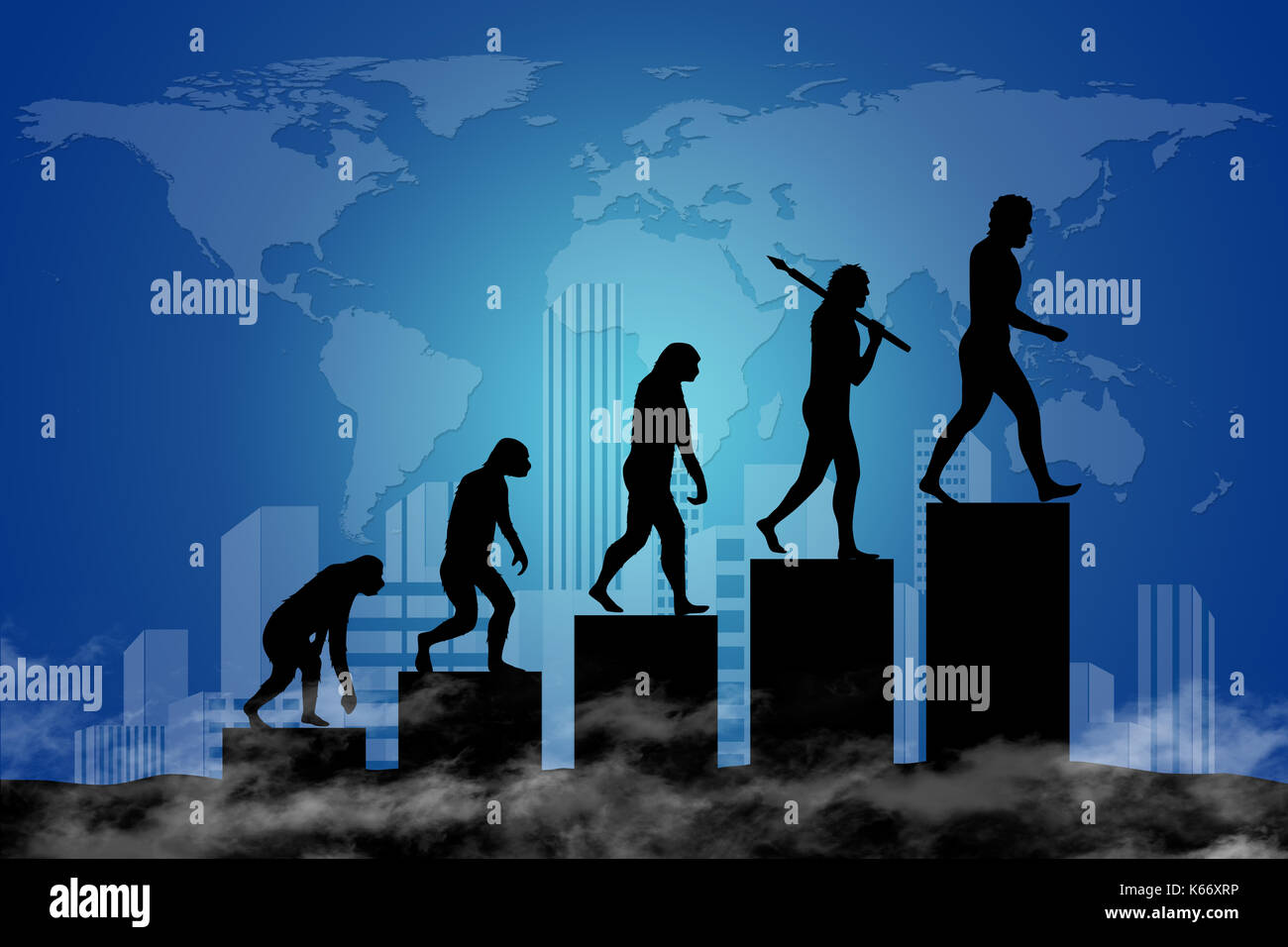Die Evolution des Menschen in einer modernen Welt der digitalen Technologie. Stadt-Scape und die Weltkarte im Hintergrund. Stockfoto