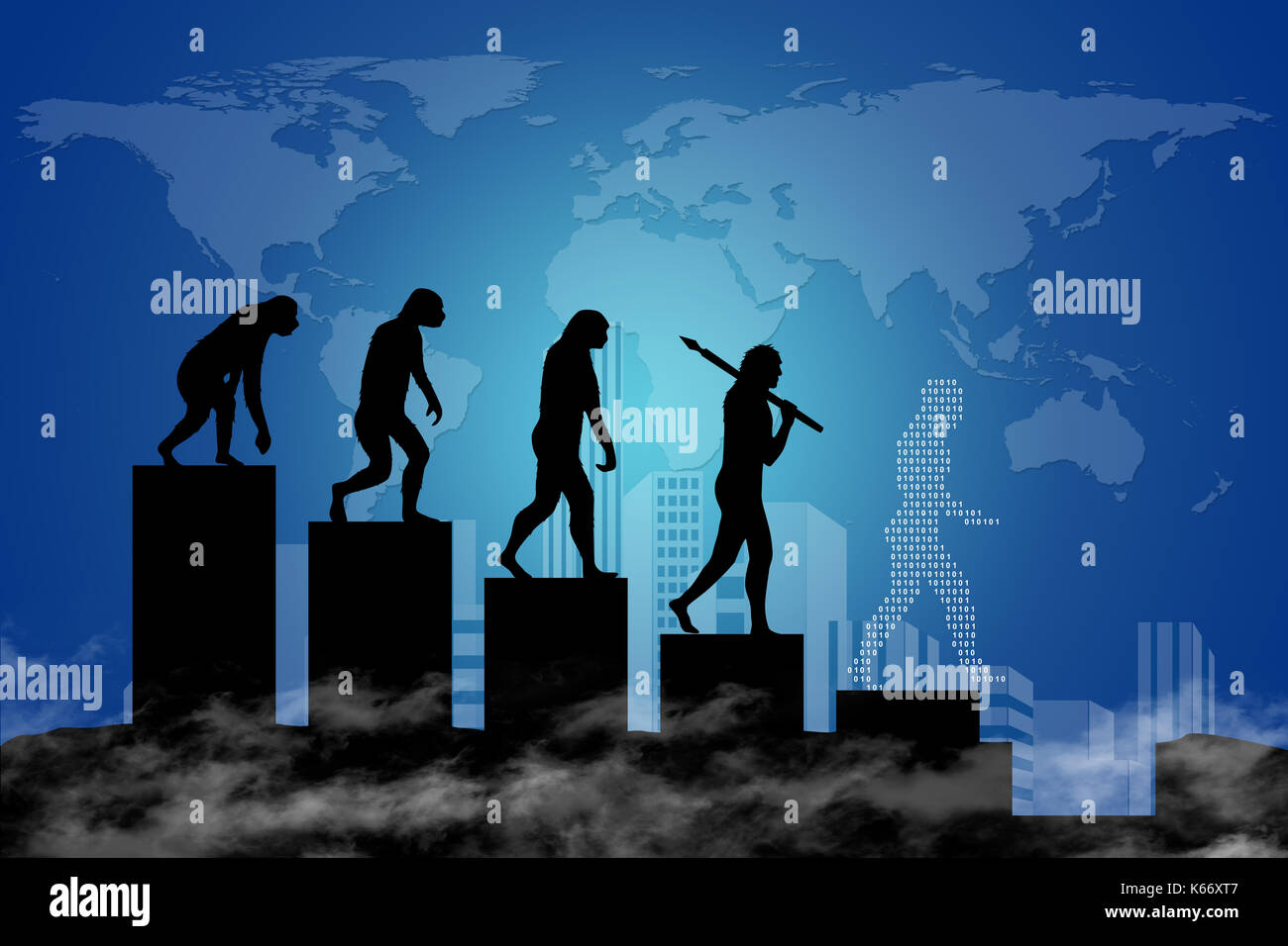 Die Evolution des Menschen in einer modernen Welt der digitalen Technologie. Stadt-Scape und die Weltkarte im Hintergrund. Stockfoto