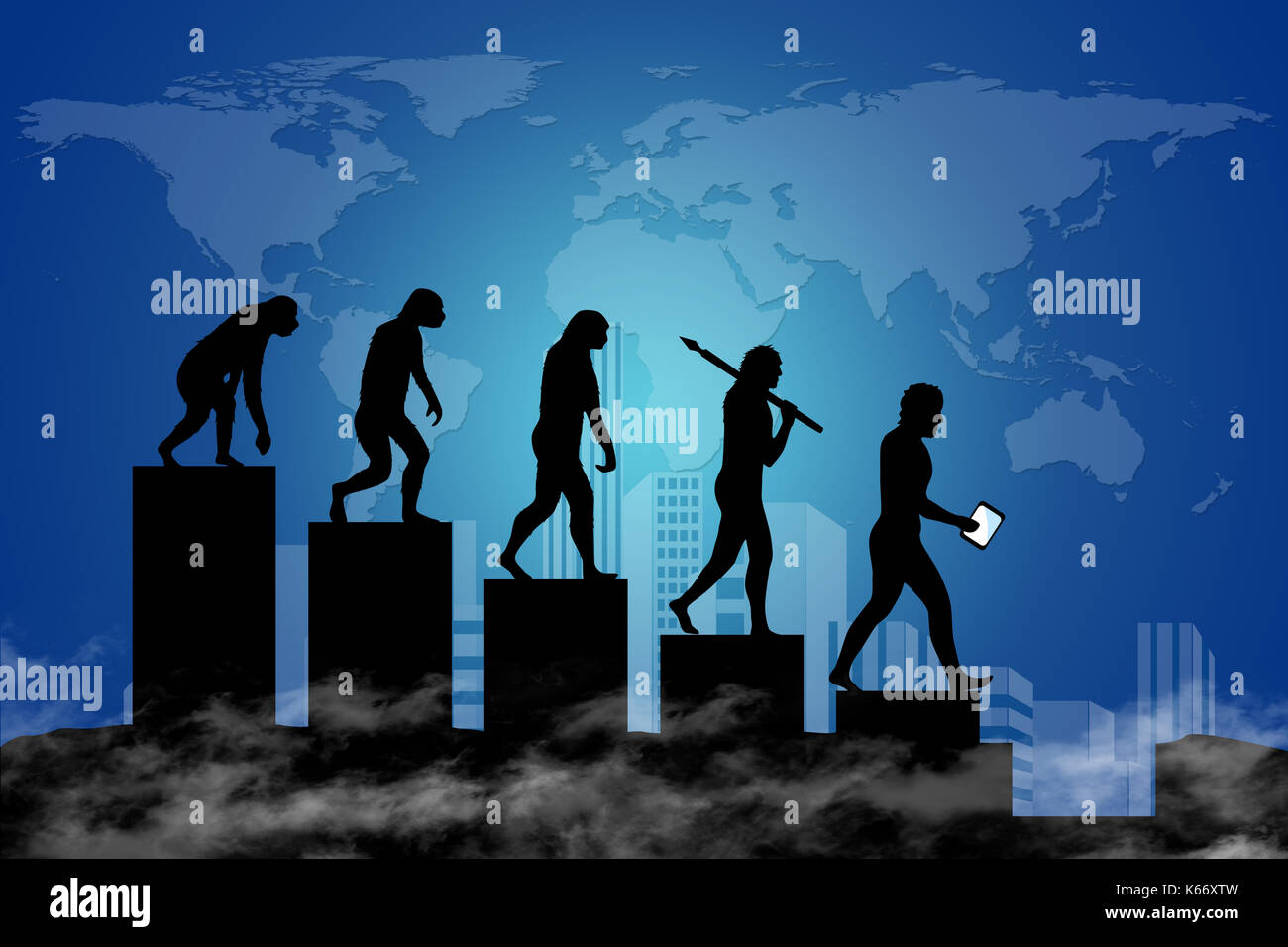Die Evolution des Menschen in einer modernen Welt der digitalen Technologie. Stadt-Scape und die Weltkarte im Hintergrund. Stockfoto