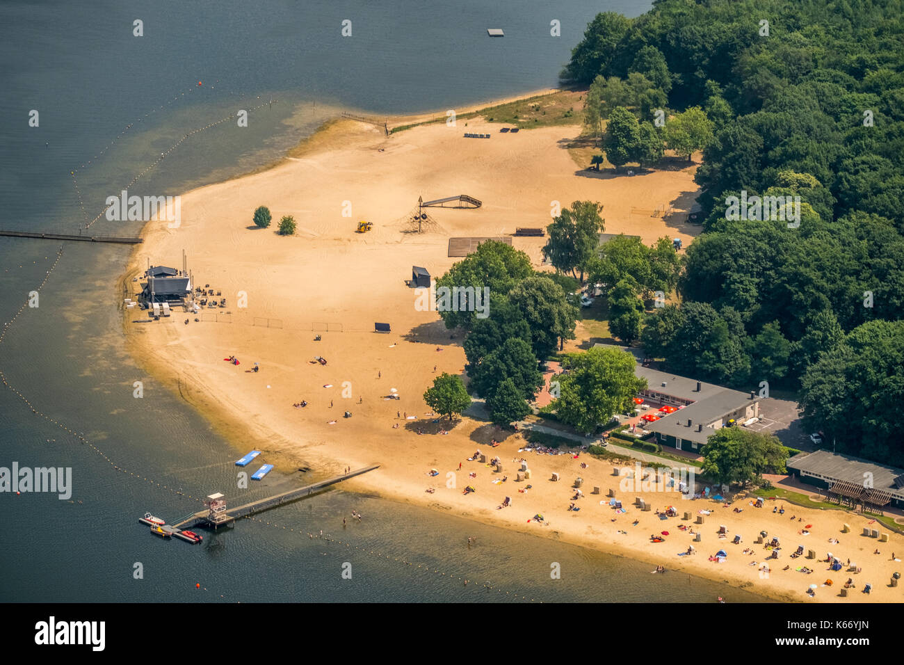 Strand Haltern Halterner Stausee, Seeterrassen, Haltern am See, Ruhr, Nordrhein-Westfalen, Deutschland, Europa, Haltern am See, Luftaufnahme, Luftbild Stockfoto