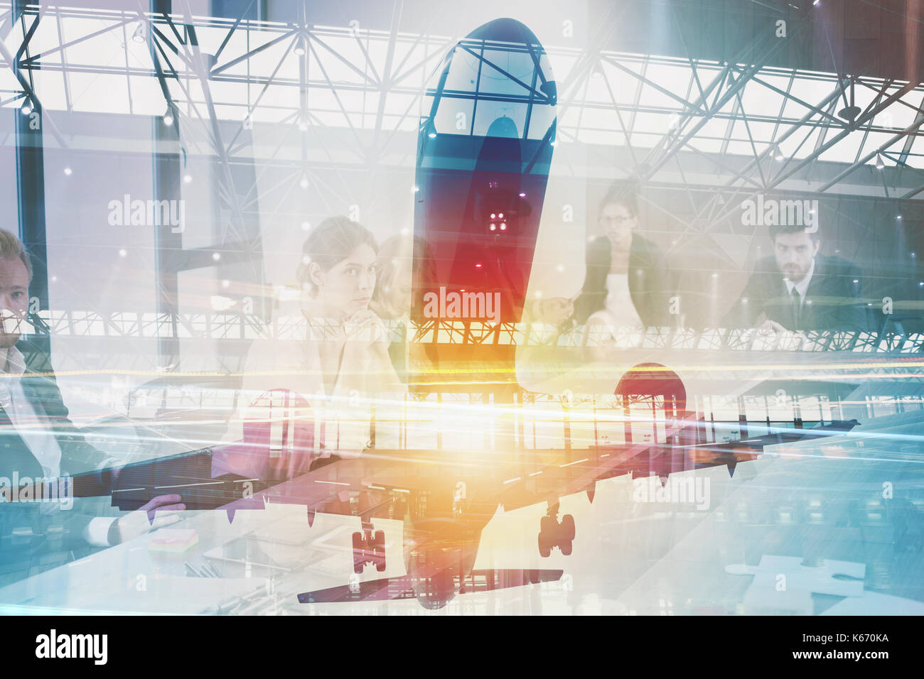 Nehmen Sie an einem Luftfahrzeug mit Double Exposure von Airport Stockfoto