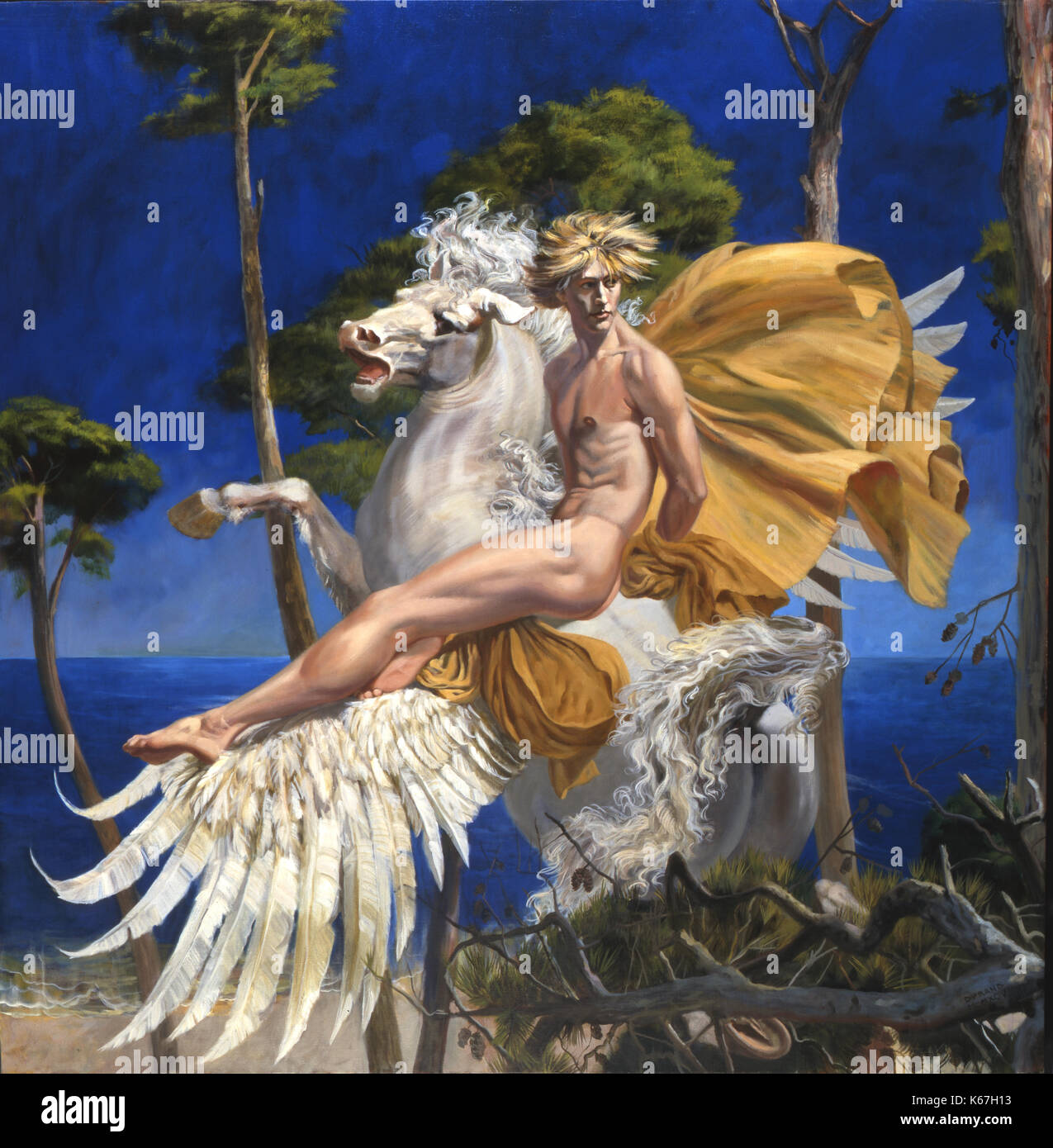 Pegasus-The weiß, geflügelte göttliche Hengst der griechischen Mythologie ist etwa in einem Hain von Pinien am Rande des Meeres. Pegasus "Rider ist eine schöne, blonde Jugend, eine geheimnisvolle griechischen Helden Bellerophon oder Perseus. Die große Malerei ist eine posthume Porträt des Royal Ballet Dancer, Julian Hosking. Stockfoto