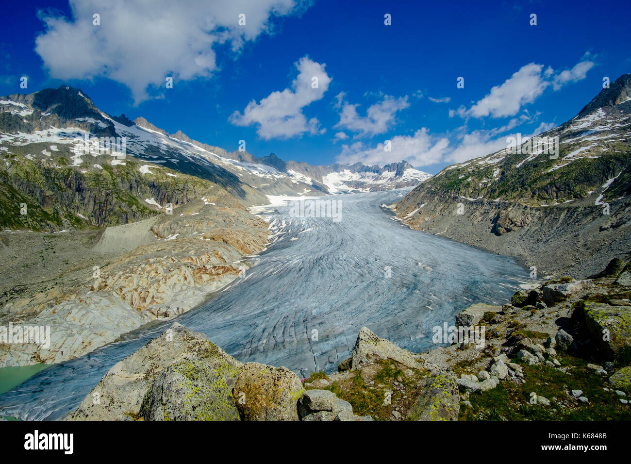 Luftaufnahme auf den Rhône Gletscher, dem größten Gletscher der Urner Alpen Stockfoto