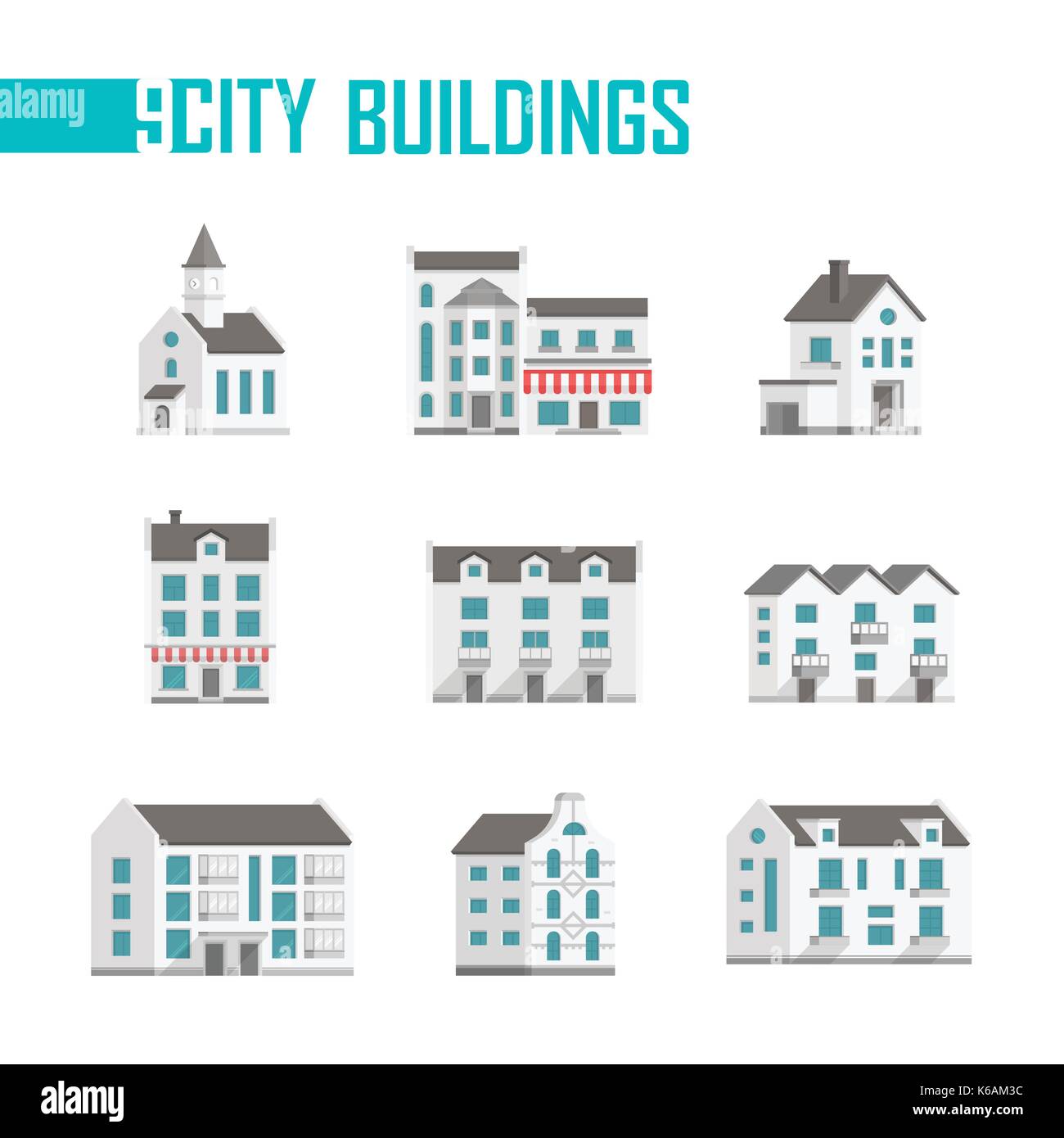 Neun städtischen Gebäude von Icons Set-Vector Illustration auf weißem Hintergrund. Eine Kirche, Doppel-, Drei-stöckige Häuser mit Fassaden, Balkone, Cafés oder sh Stock Vektor