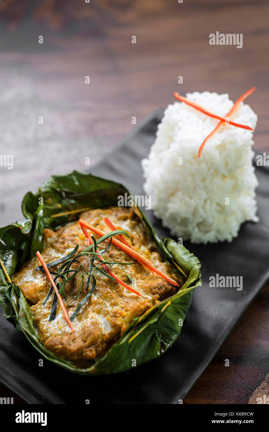 Traditionelle kambodschanische Khmer Fisch amok Mahlzeit curry Stockfoto