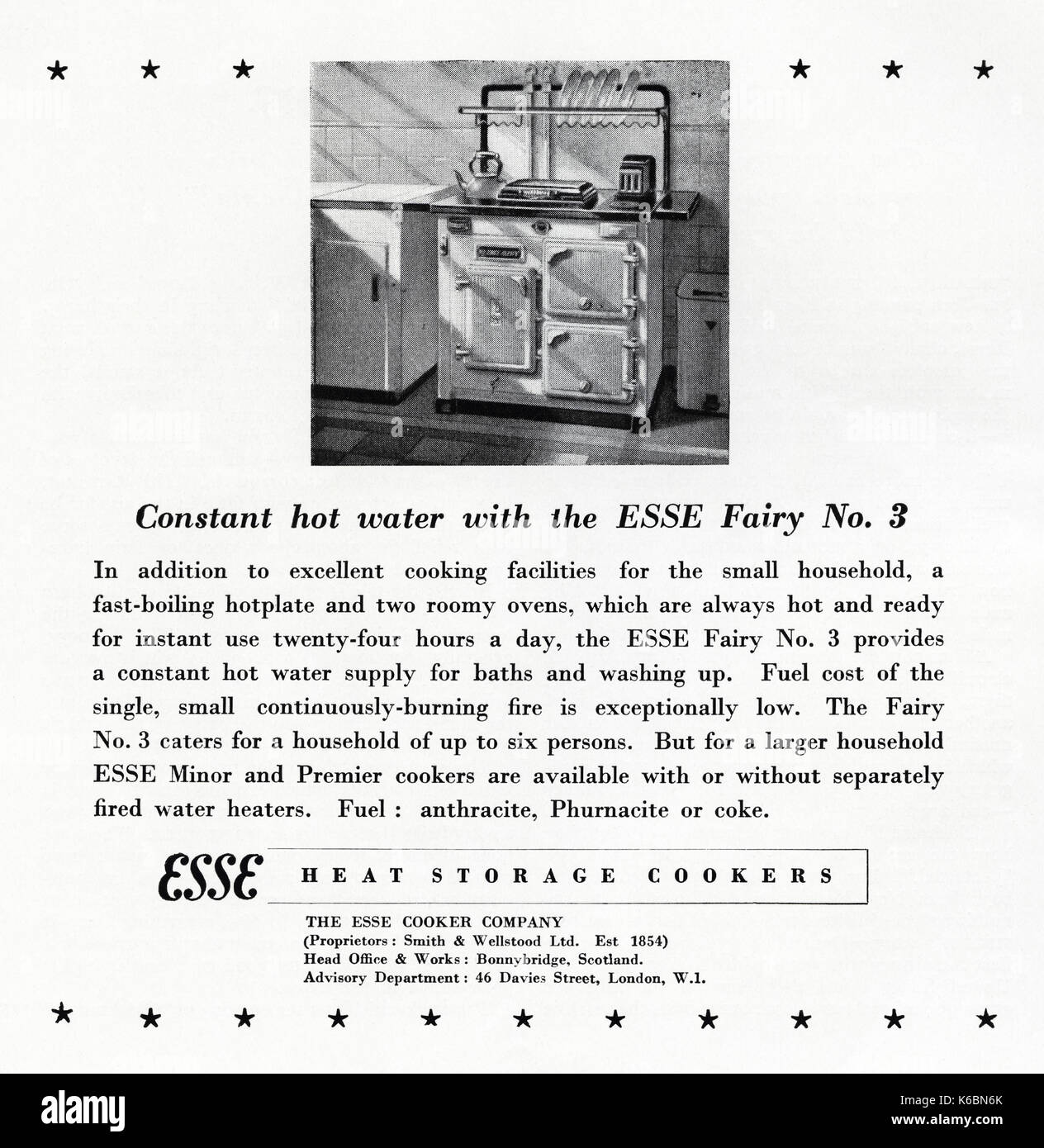 1940er Jahre alten Vintage original advert Werbung Esse Fee Nr. 3 Wärmespeicherung Herde in Magazin ca. 1947 wenn Verbrauchsmaterialien wurden noch unter post eingeschränkt - Krieg Rationierung Stockfoto