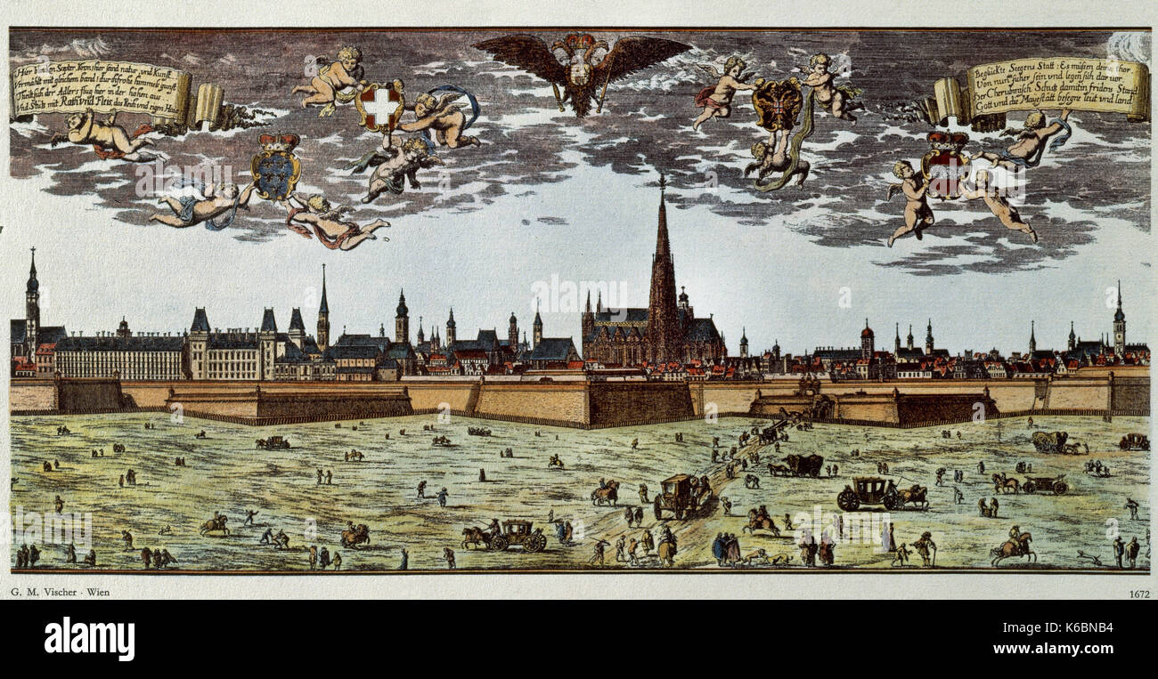 Österreich. Wien. Panorama der Stadt vor der türkischen Belagerung von 1683. Im Hintergrund, die Kathedrale von St. Stephan. 17. Jahrhundert. Stockfoto