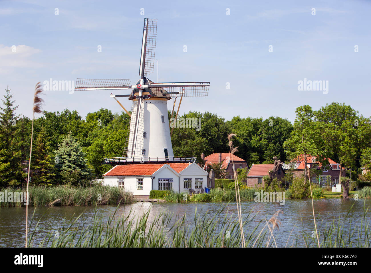 Weiße Windmühle in Rotterdam Terbregge neben dem Fluss Rotte in den Niederlanden Stockfoto