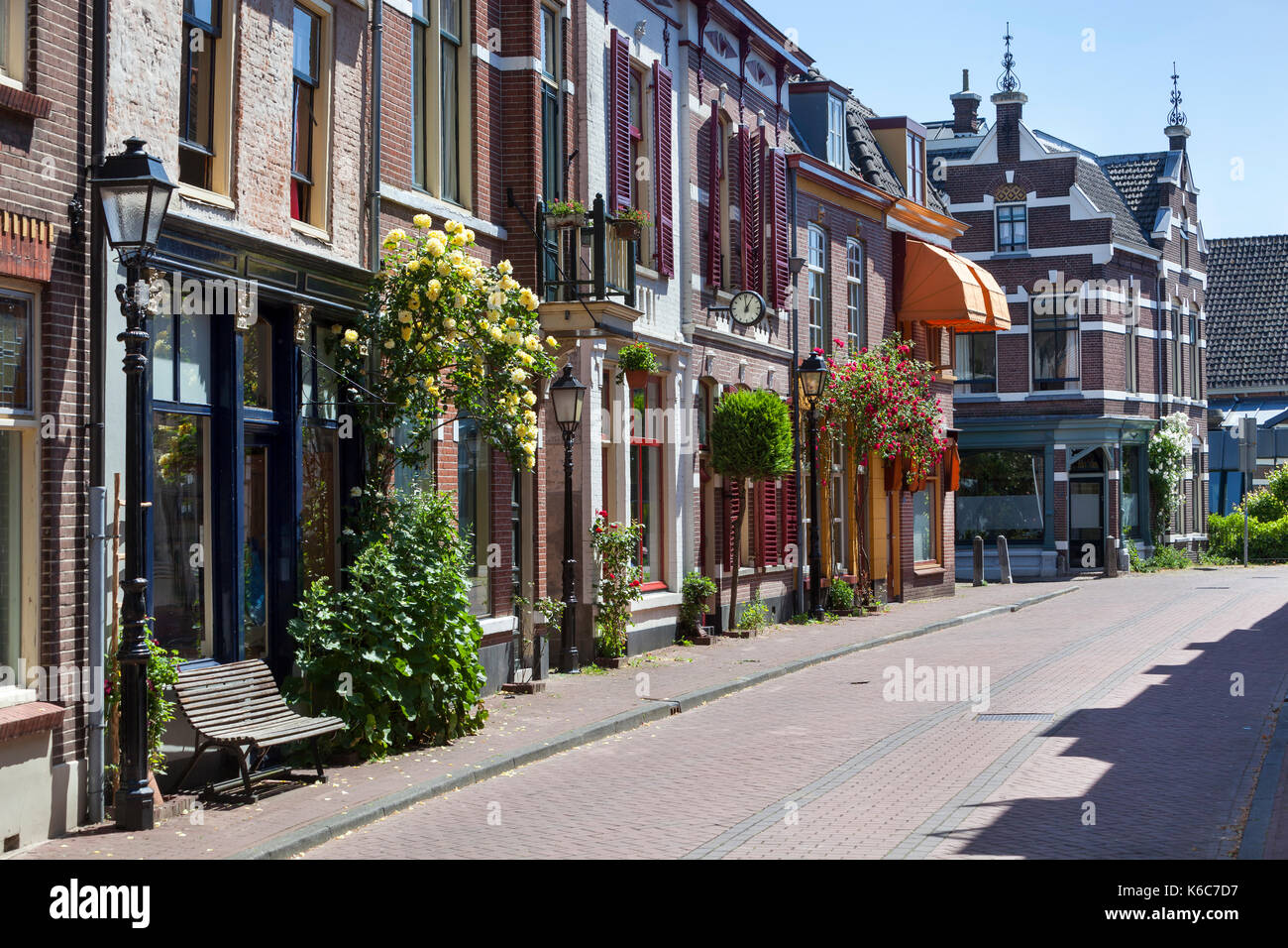 Gemütliche vintage Street mit Rosen in Culemborg in den Niederlanden Stockfoto