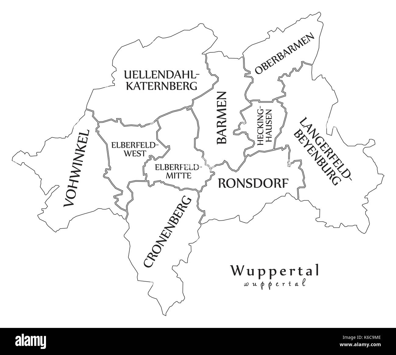 Moderne Stadtplan Wuppertal Stadt Deutschlands mit Bezirken und Titel DE Übersichtskarte Stock