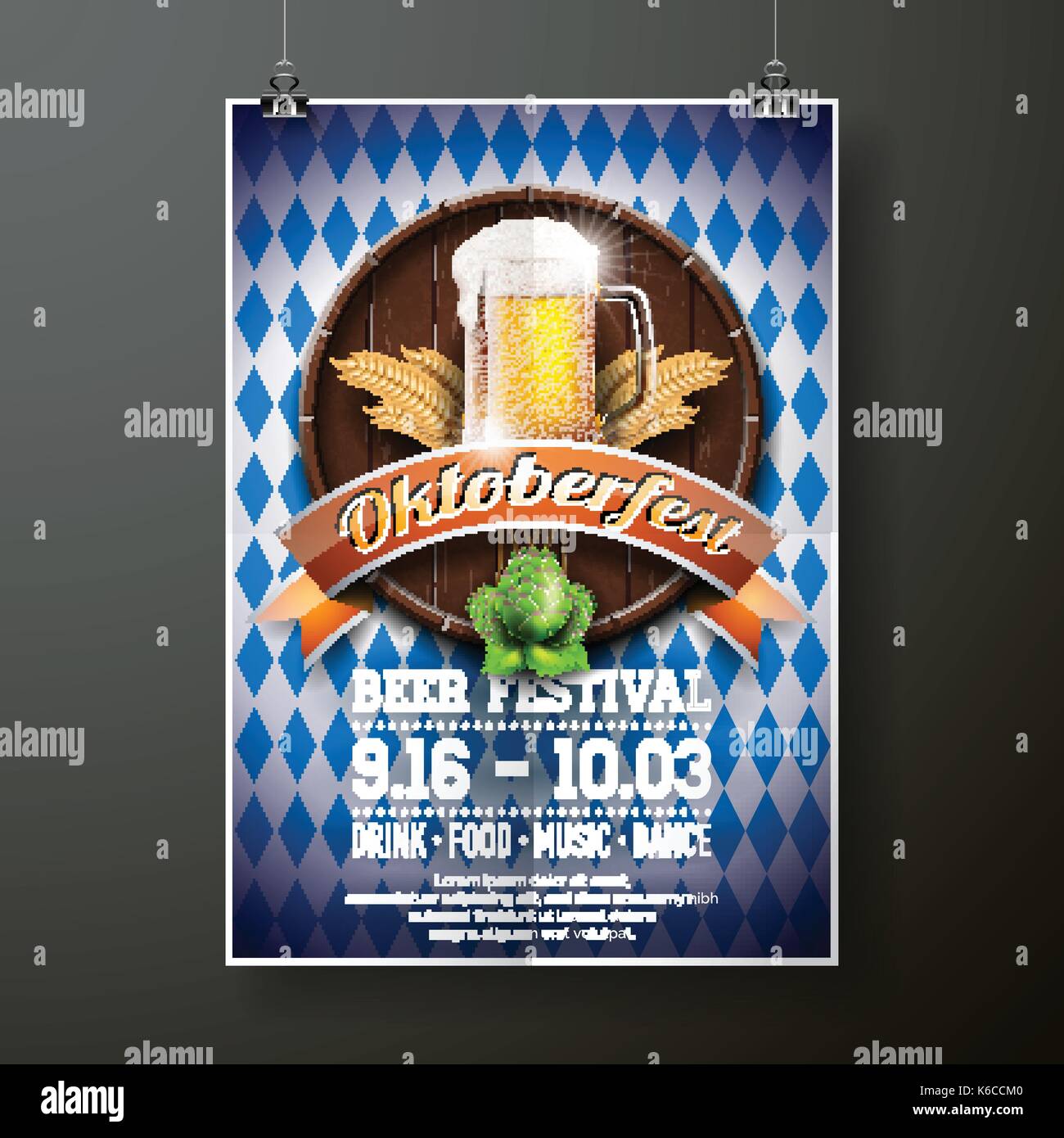 Oktoberfest poster Vector Illustration mit frischen Lagerbier auf Blau weisse Flagge Hintergrund. Feier flyer Vorlage für traditionelle deutsche Bier Festival. Stock Vektor