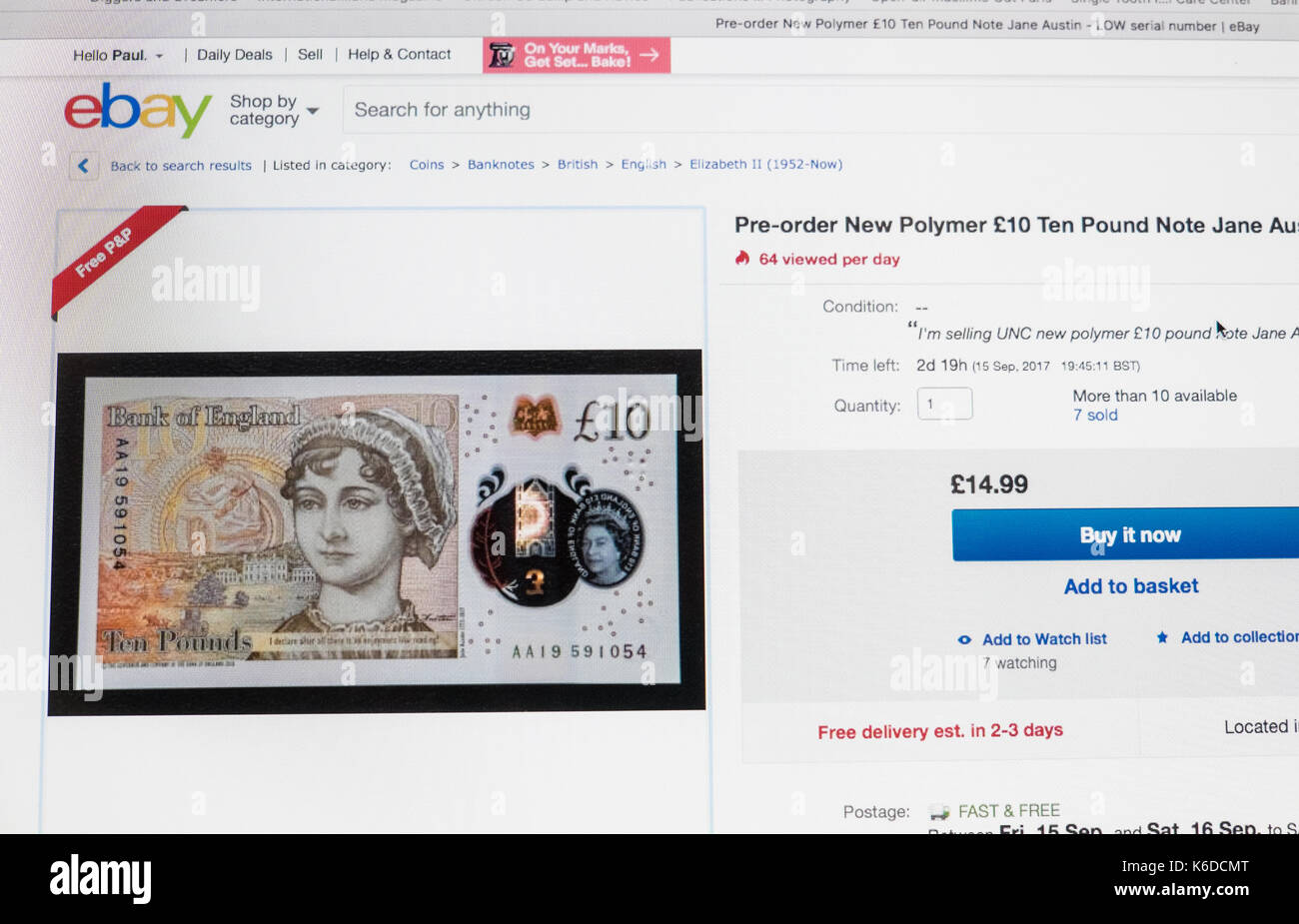 UK. 12 Sep, 2017. Ebay Auflistung für neue zehn Pfund Beachten Sie, dass wird Donnerstag, 14. September 2017. Die ebay Auflistung ist es jetzt Preis von 14,99 £ für einen niedrigen Seriennummer kaufen. Neue Notiz verfügt über Jane Austen. Angebot, Ausschreibung, Auktion, Standort, Stockfoto