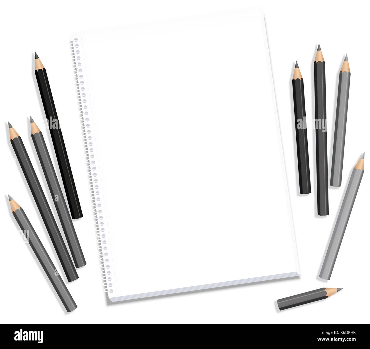 Zeichnung Block und grau Bleistifte - leeres Papier pad Sehnsucht nach künstlerischen Schaffens - Abbildung auf weißem Hintergrund. Stockfoto