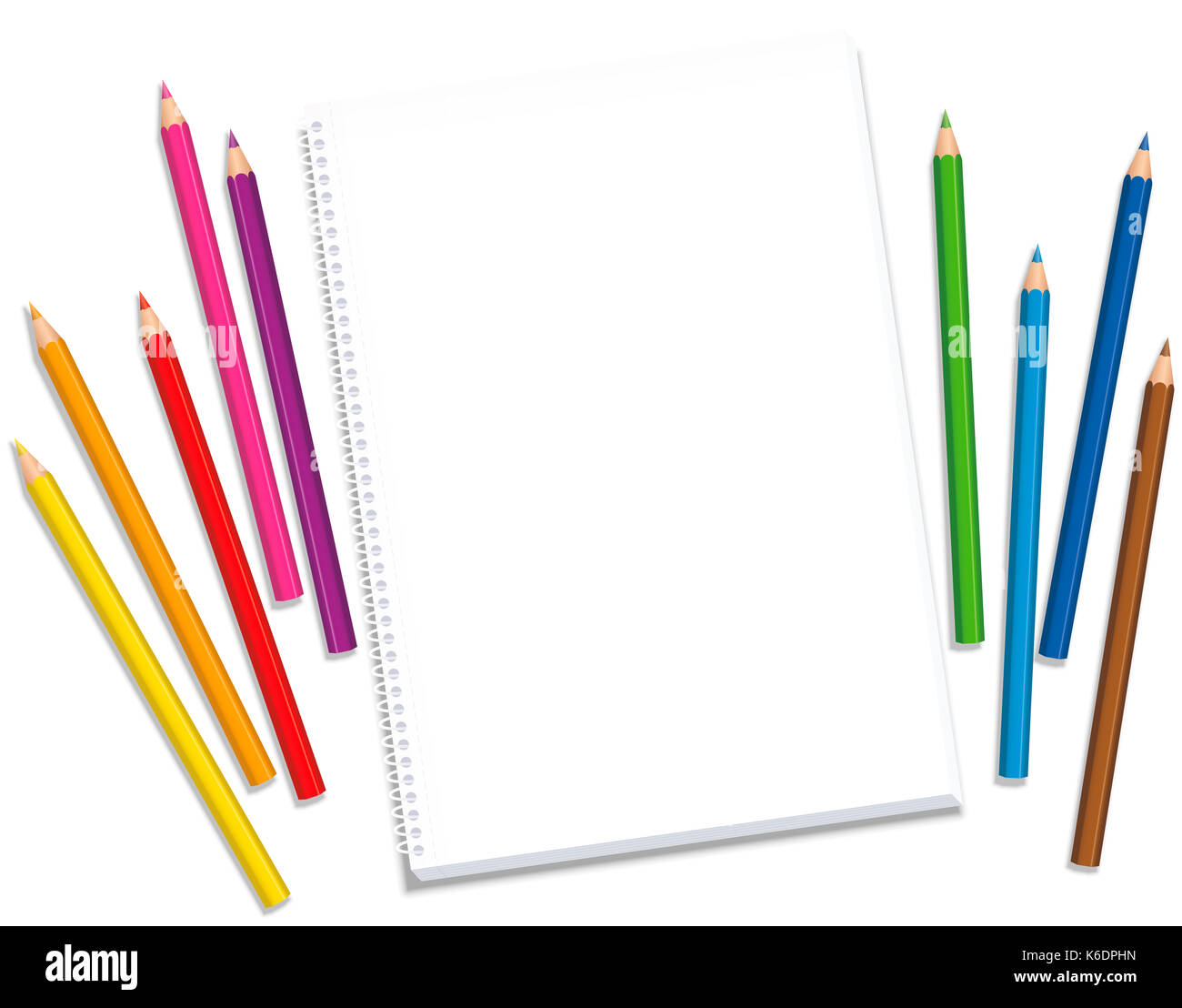Sketchpad mit farbigen Kreiden Abstand um das leere Papier warten auf die Künstler Inspiration und kreative Ideen. Stockfoto