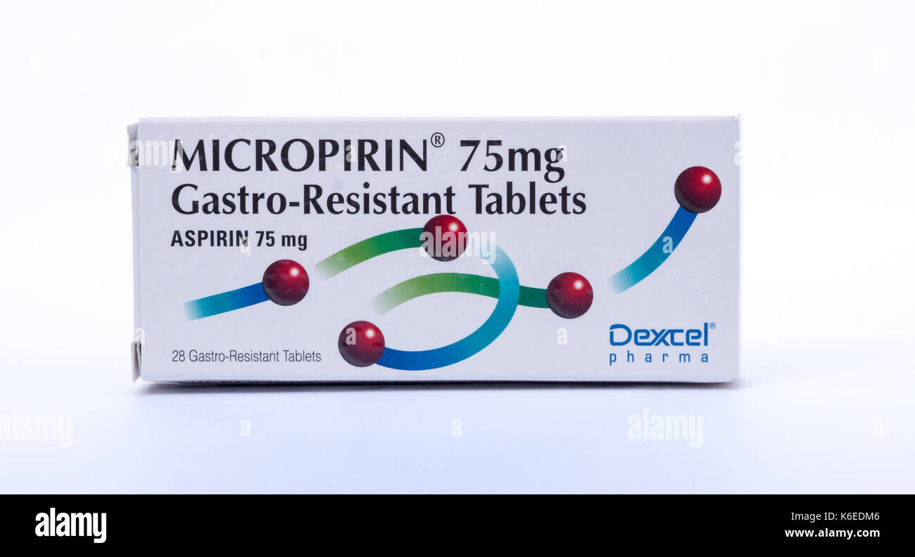 Micropirin magensaftresistente Filmtabletten enthalten den Wirkstoff Acetylsalicylsäure, ansonsten wie Aspirin bekannt Stockfoto