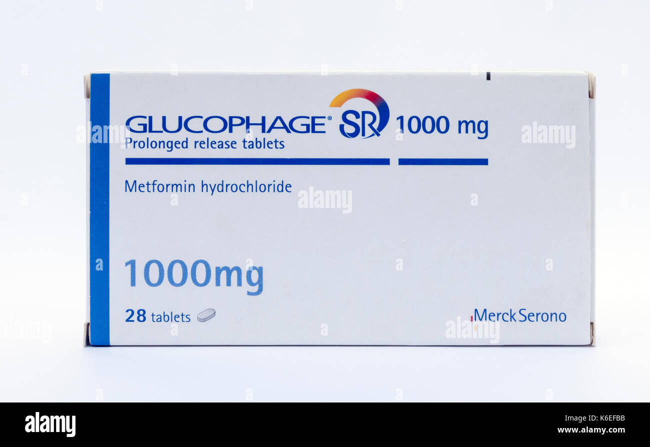 Glucophage (Metformin). Eine mündliche Diabetes Medizin, die hilft, den Blutzuckerspiegel zu kontrollieren. Stockfoto