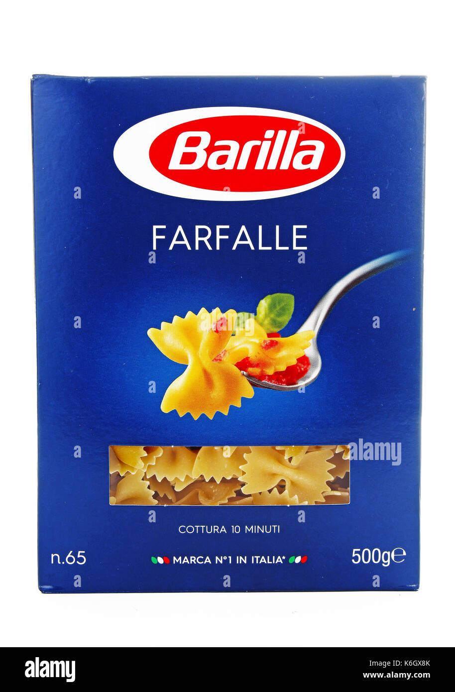 Barilla pasta Farfalle auf isolierten weißen studio Hintergrund. Stockfoto
