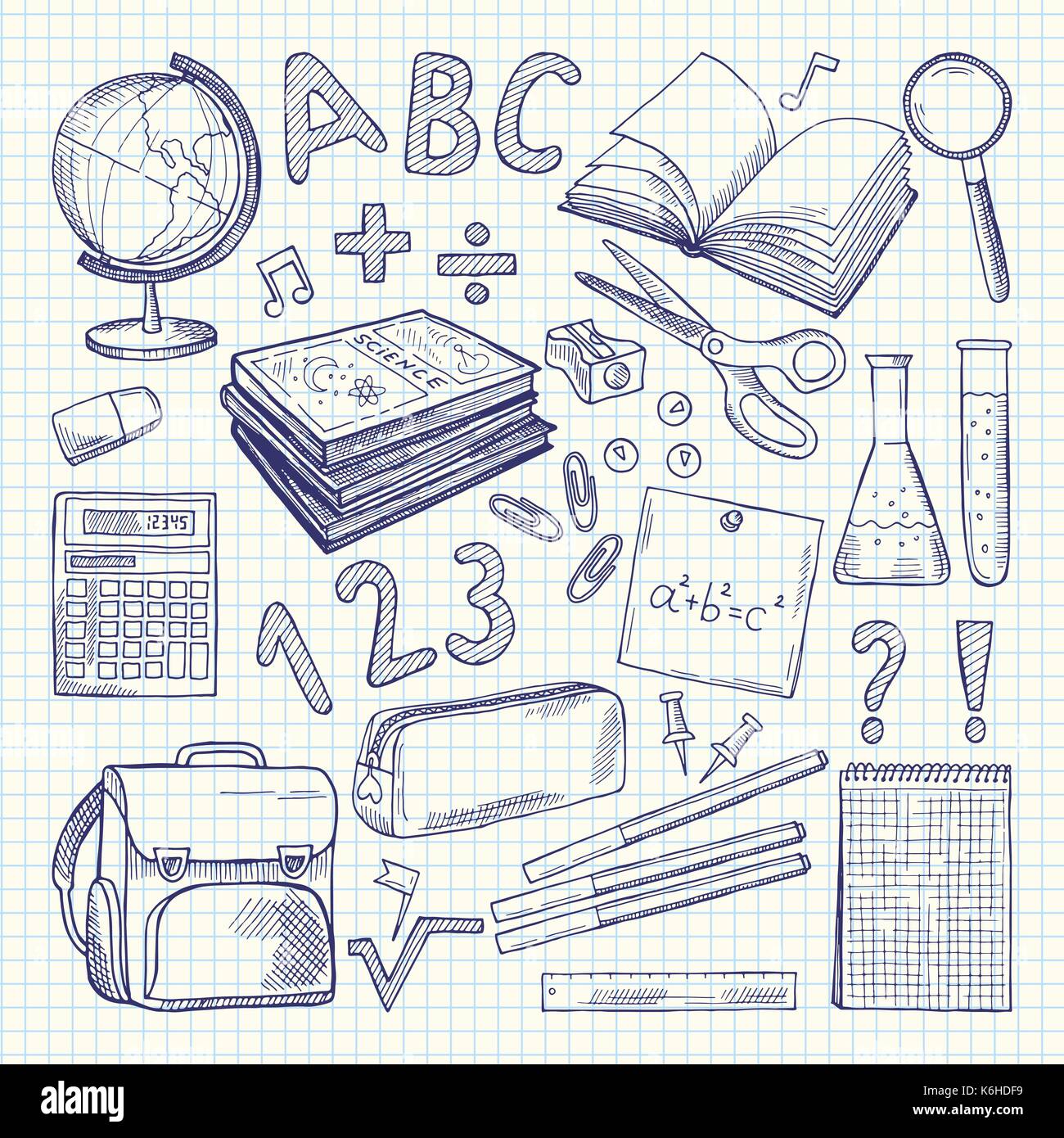 Freehand Schule Elemente auf ein Blatt Schulheft Stock Vektor