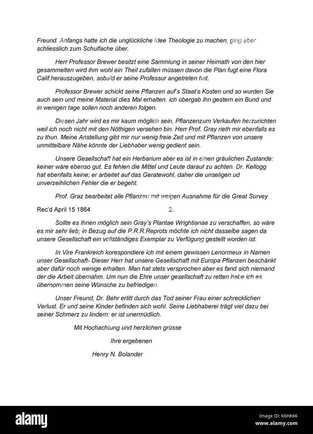 Korrespondenz Bolander (Henry) und Engelmann (George) (Aug 24, 1864 (1) verso) BHL 42404970 Stockfoto