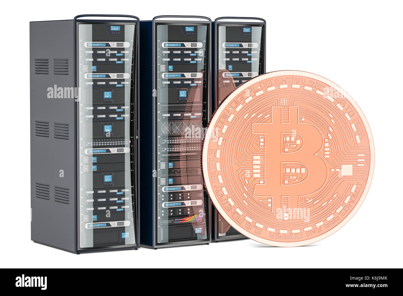 Computer Server Racks mit bitcoin, Bergbau Konzept. 3D-Rendering Stockfoto