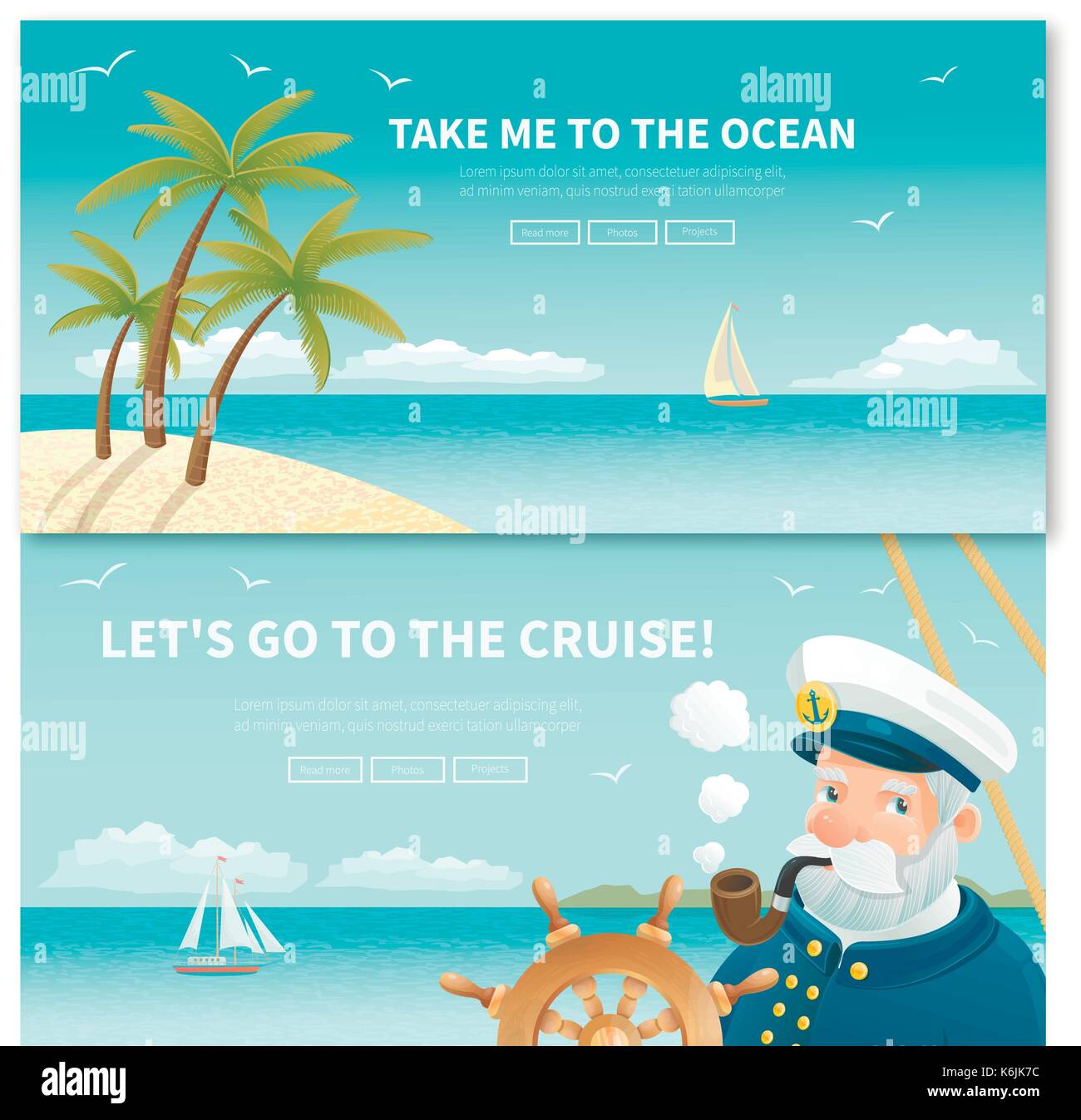 Satz von zwei Ocean Travel Poster. Alle Objekte werden bequem gruppiert und auf separaten Ebenen befindet. Bilder mit einer Freistellungsmaske beschnitten, so können Sie Stock Vektor