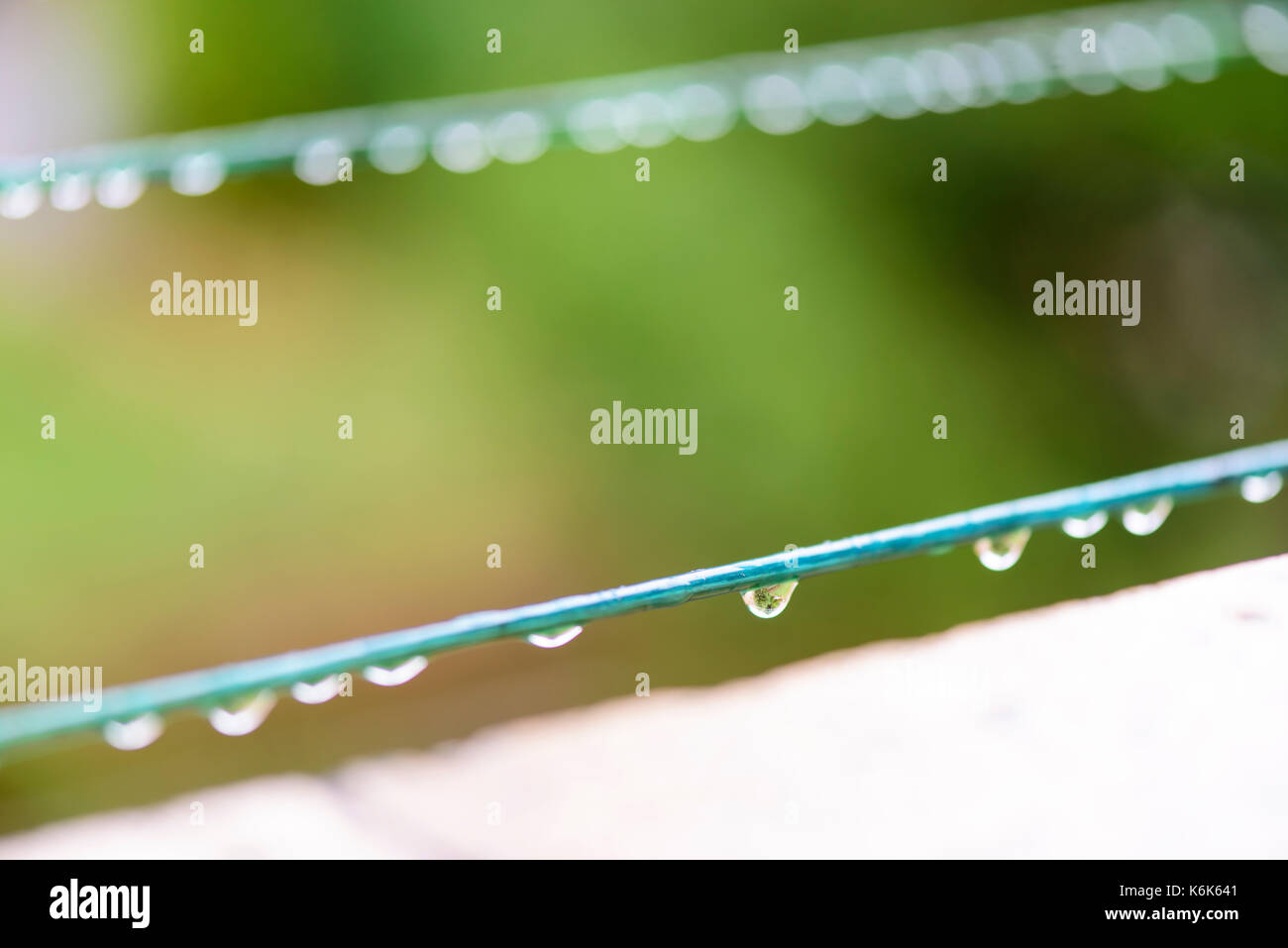 Regen fällt auf einen Draht Stockfoto