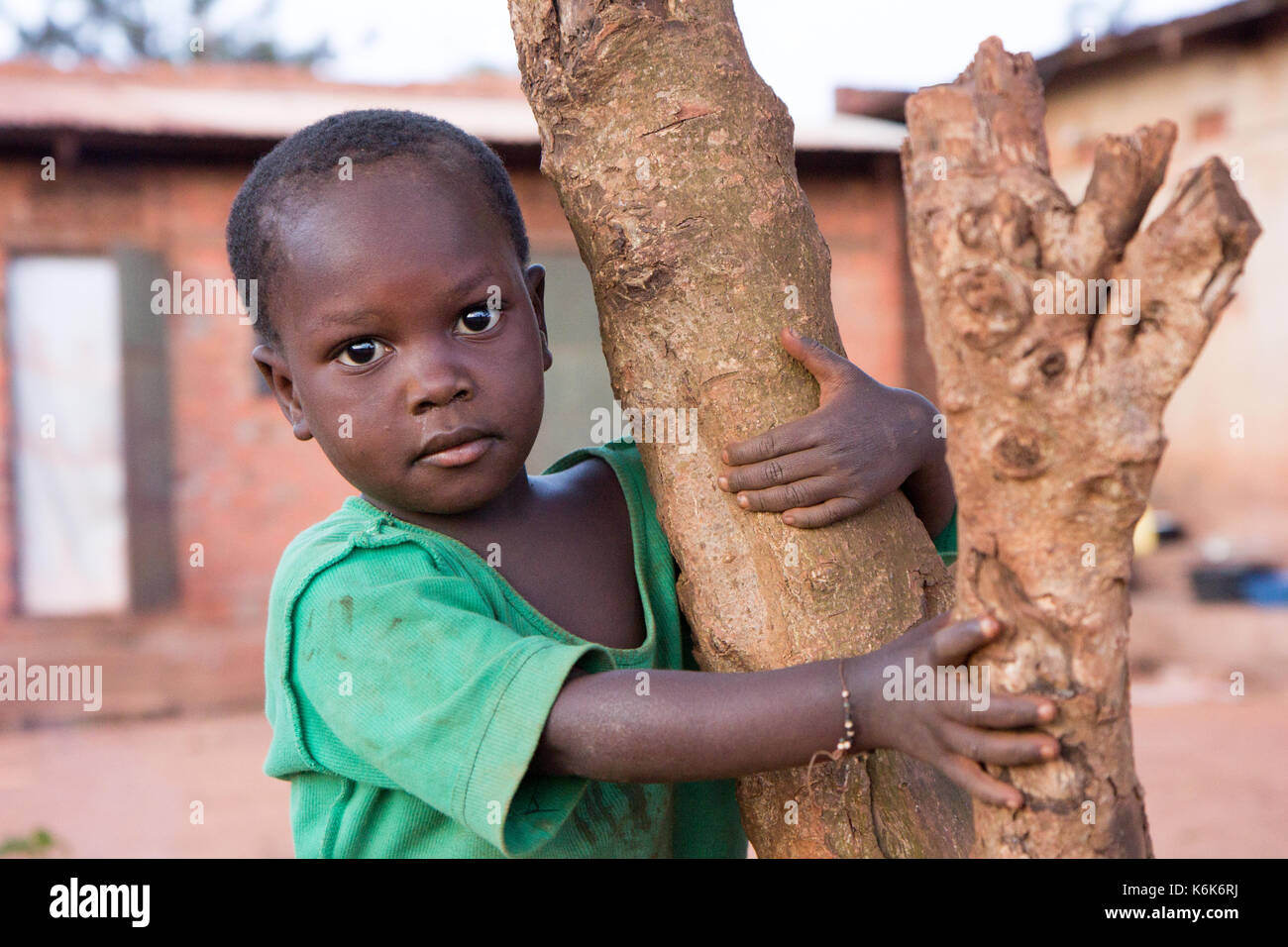 Ein kleines schwarzes Kind klammerte sich an einen Baumstamm. Stockfoto