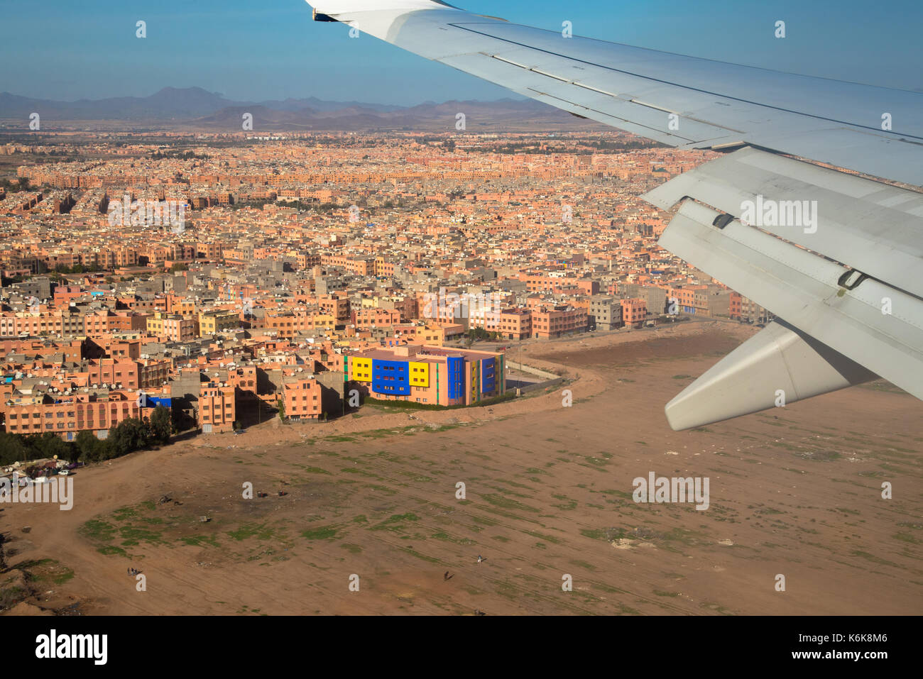 Luftaufnahme von Marrakesch vom Flugzeug Landung am Flughafen Marrakesch, Marokko Stockfoto