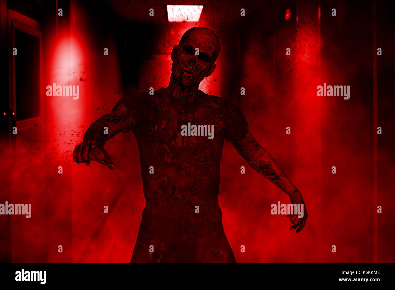 3D-Darstellung der aggressiven Zombie, Horror Hintergrund gemischte Medien Stockfoto