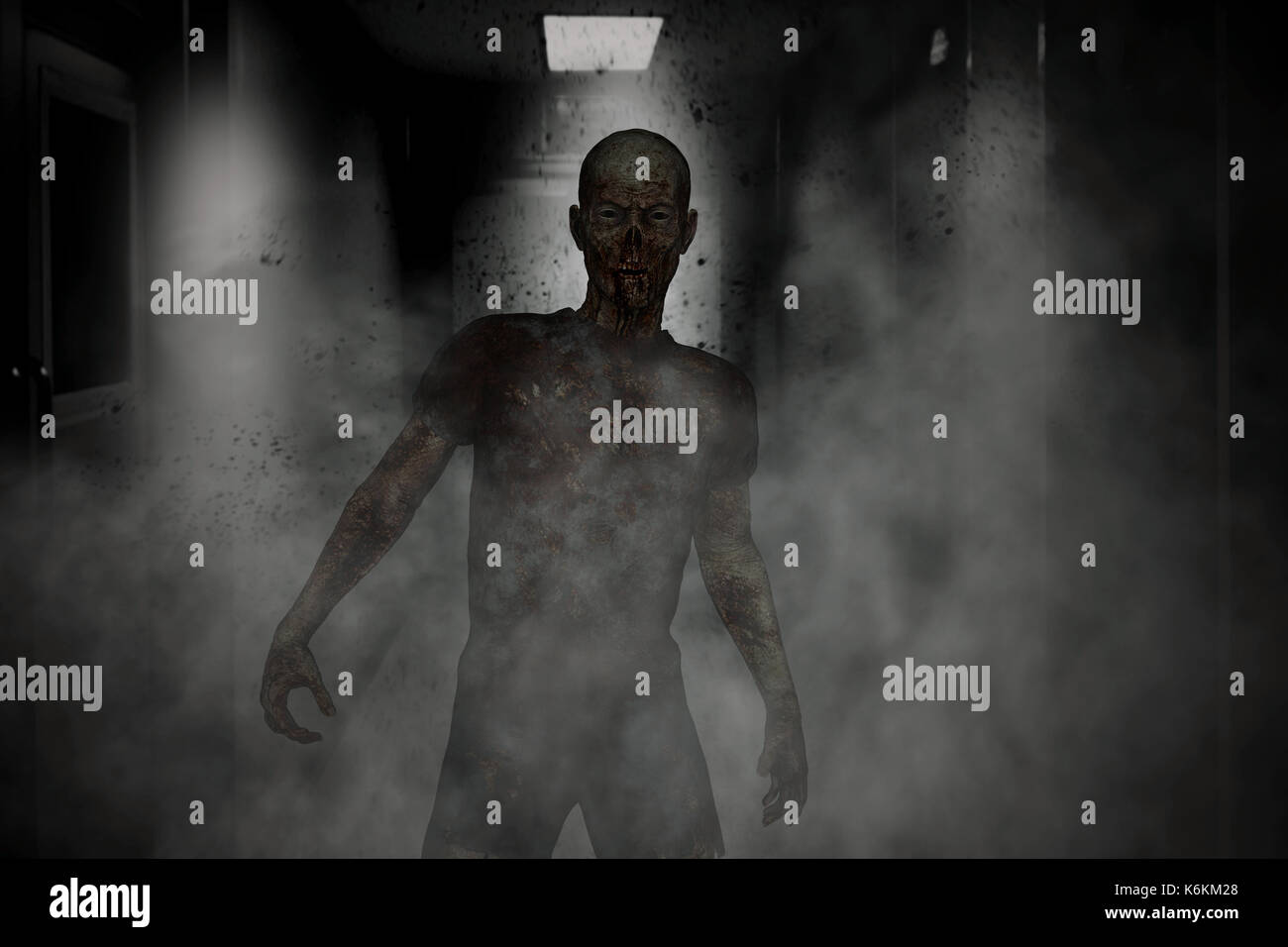 3D-Darstellung der aggressiven Zombie, Horror Hintergrund gemischte Medien Stockfoto