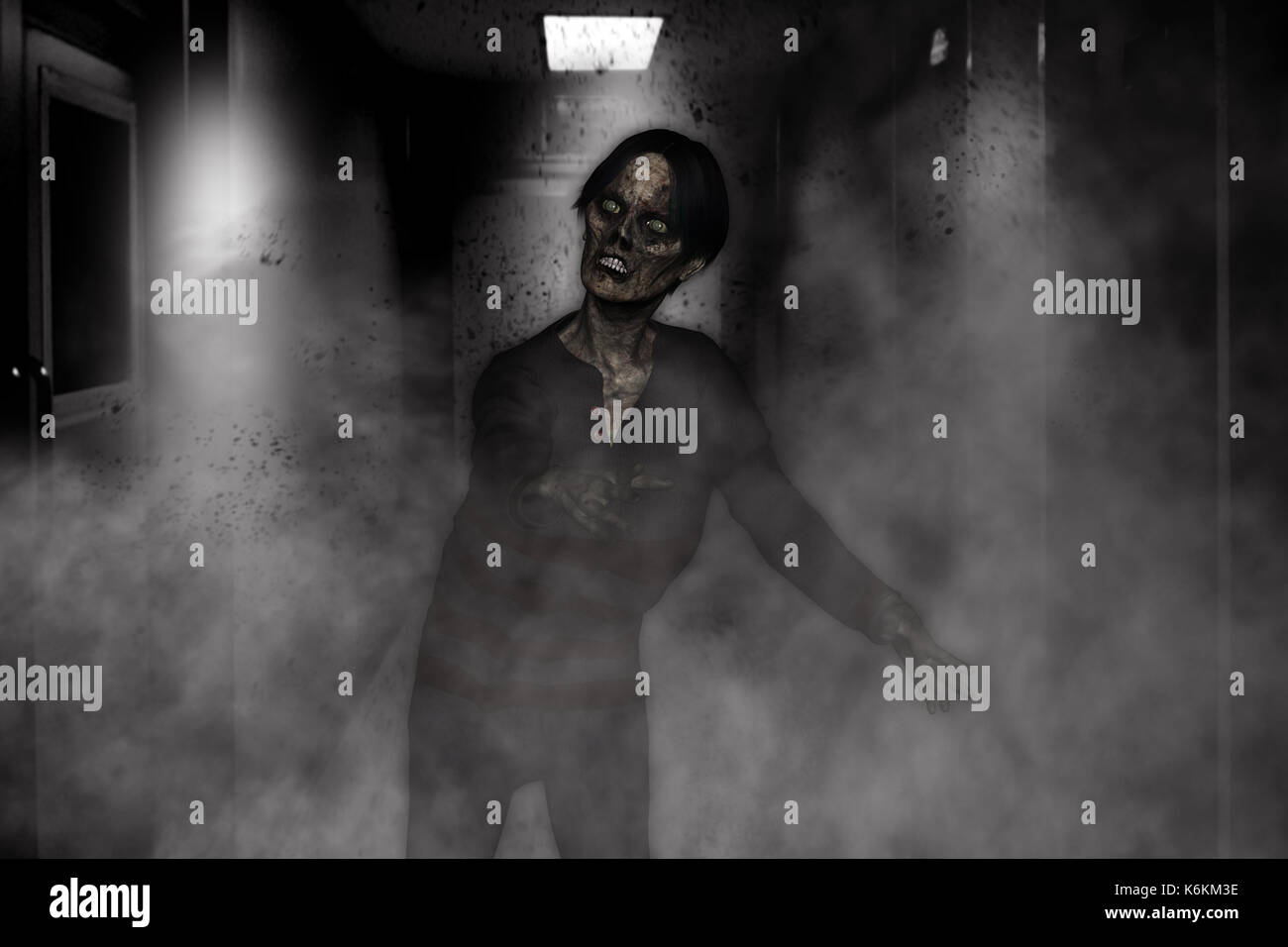 3D-Darstellung der aggressiven Zombie, Horror Hintergrund gemischte Medien Stockfoto