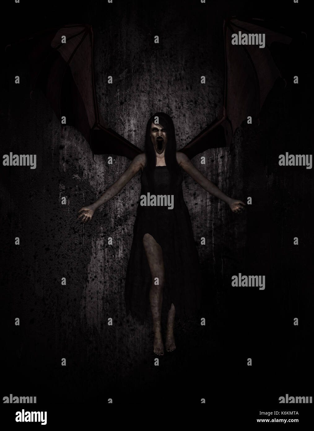 3D-Darstellung der Frau Wesen mit Flügeln in der Dunkelheit, Mixed Media Stockfoto