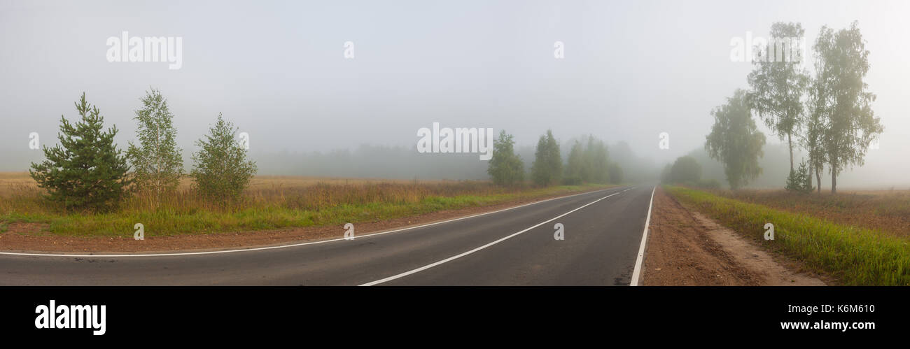 Herbst Landschaft mit Straßen, Nebel, Wald. nebligen Pfad. Herbst wetter Nebel auf dem Weg Stockfoto
