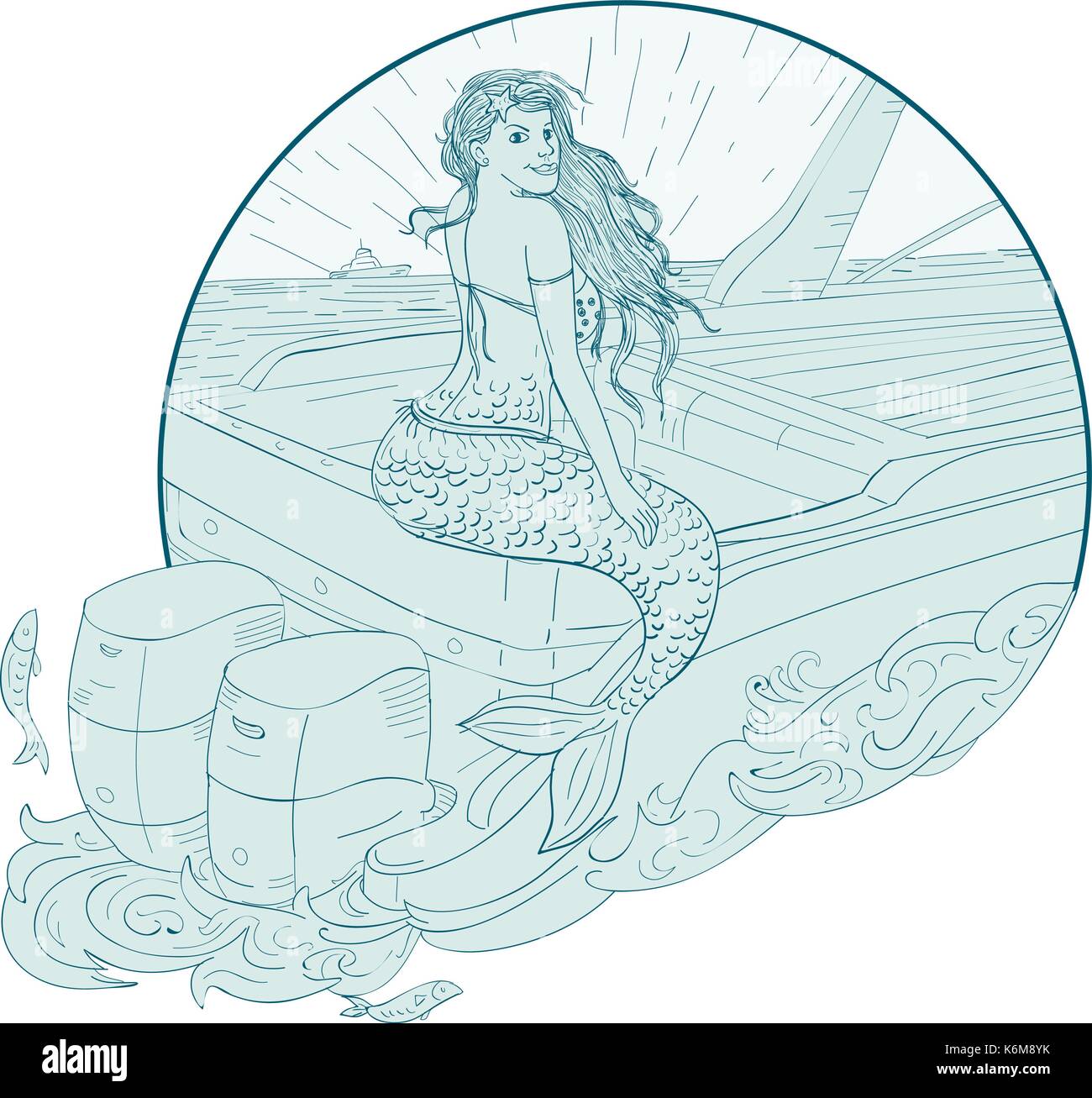 Zeichnung Skizze stil Abbildung einer Meerjungfrau sirene Sitzen auf Boot Heckmontage innerhalb des Kreises auf isolierten Hintergrund gesetzt. Stock Vektor