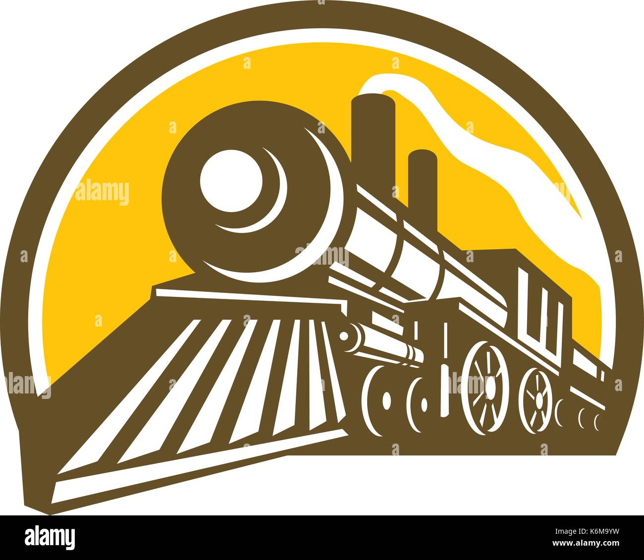 Symbol Stil Abbildung einer Dampflok Eisenbahn Zug von einem niedrigen Winkel innerhalb des Kreises auf isolierten Hintergrund gesehen. Stock Vektor