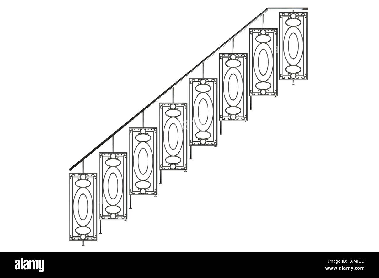 3D-Rendering einer metallischen Vorderansicht Treppen schienen auf weißem Hintergrund Stockfoto 3D-Rendering einer metallischen Vorderansicht Treppen schienen auf weißem Hintergrund Stockfoto