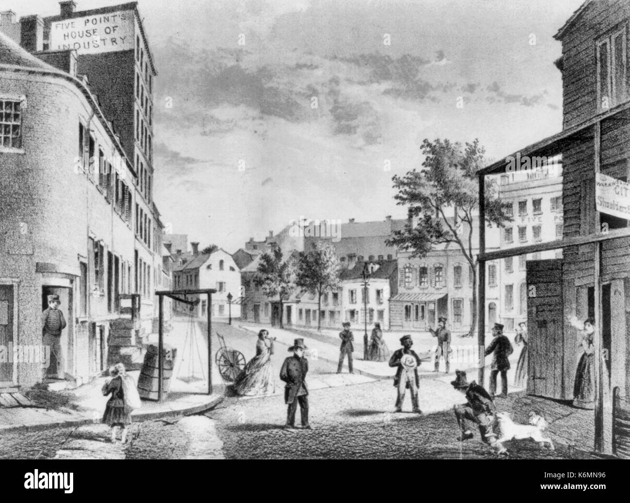 Die fünf Punkte im Jahr 1859. Blick von der Ecke der Wert- und wenig Wasser St. genommen - fünf Punkte, ein Haus der Industrie - New York City. Stockfoto