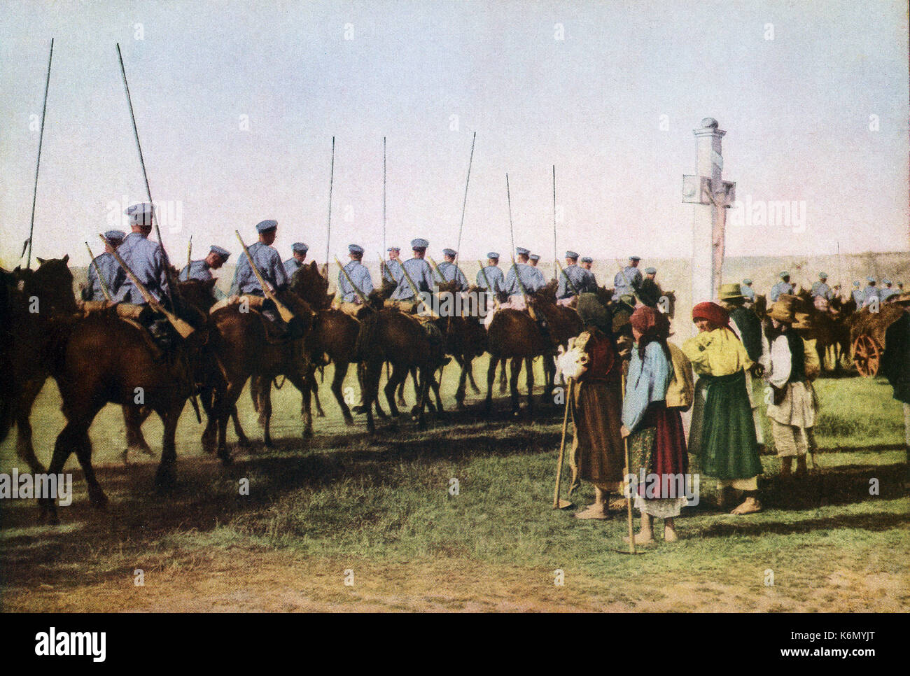 Diese Abbildung aus dem Ersten Weltkrieg die russische Kavallerie Rückzug nach der Niederlage der Deutschen zeigt. Stockfoto