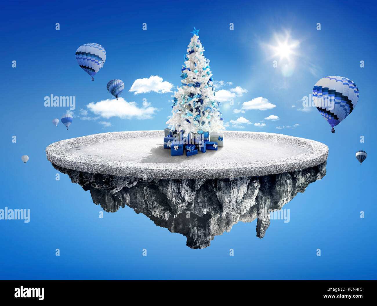 Amazing fantasy Landschaft mit schwimmenden Inseln mit weißen Weihnachtsbaum, heiße Ballons und Dekoration im Winter Stockfoto