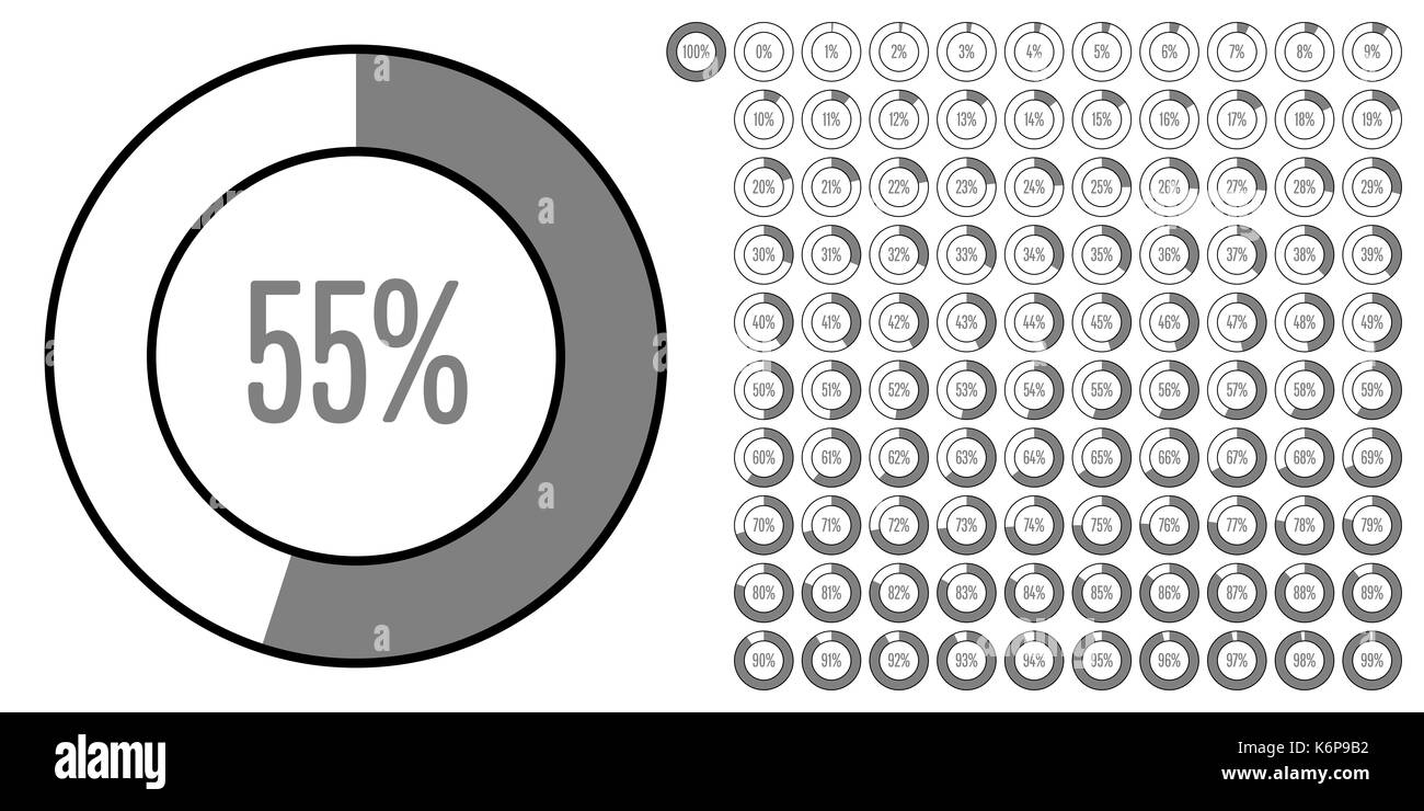 Der Kreis Prozentsatz Diagramme von 0 bis 100 ready-to-use für Web Design, User Interface (UI) oder infografik - Indikator mit Grau Stockfoto