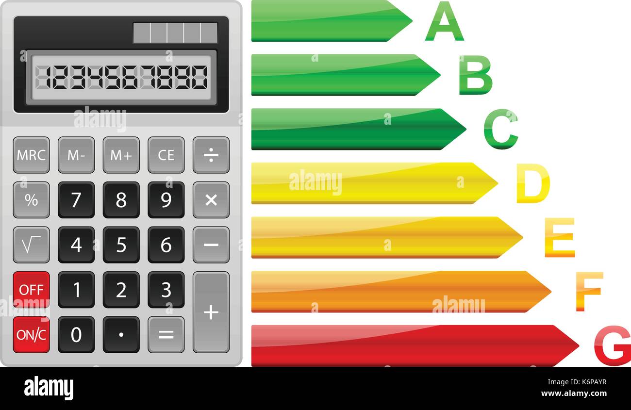 Energieeffizienzklasse und Rechner auf einem weißen Hintergrund. Stock Vektor